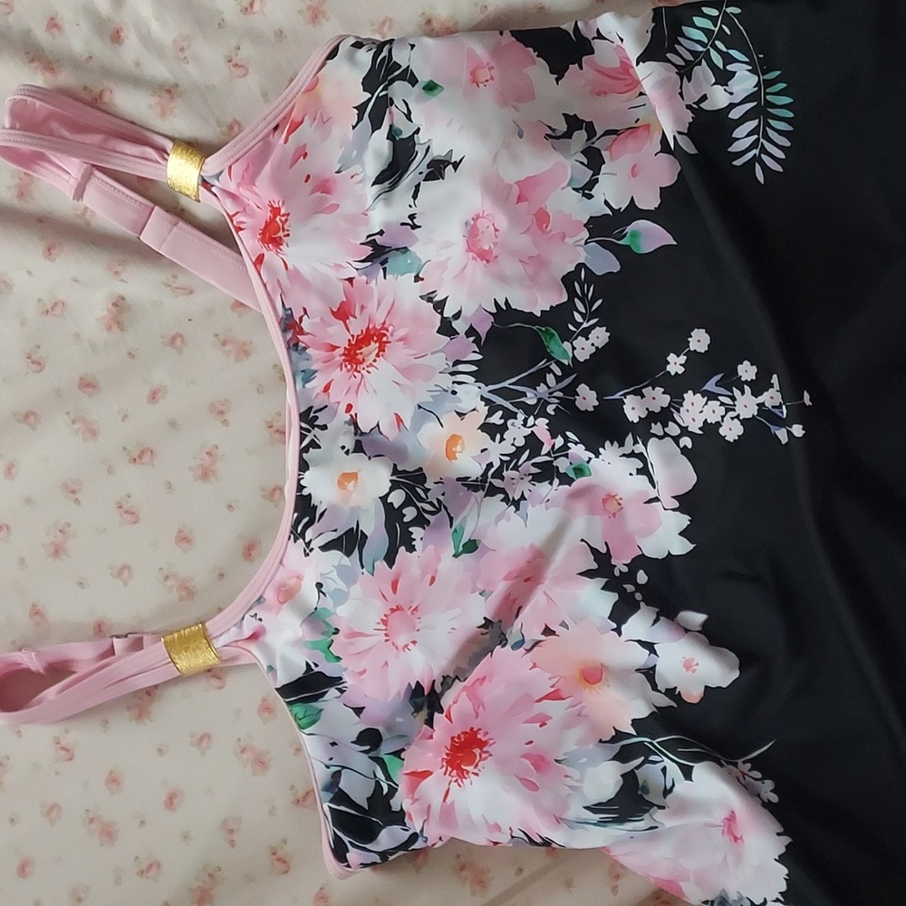 MODLILY® Cross Hem Floral Print Pink Tankini Top